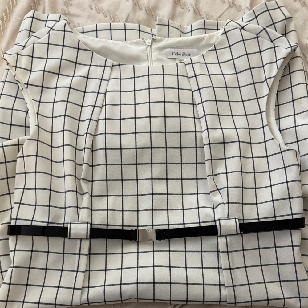 Cream and Black Checkered Calvin Klein Dress with Belt - Picture 3 of 7